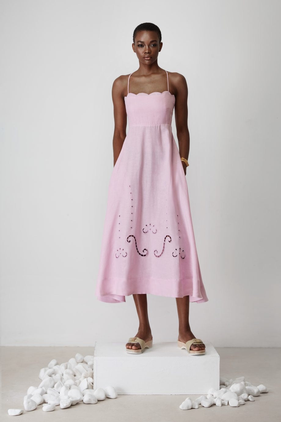 LITTLE VENICE LINEN CUT EMBROIDERED LONG DRESS