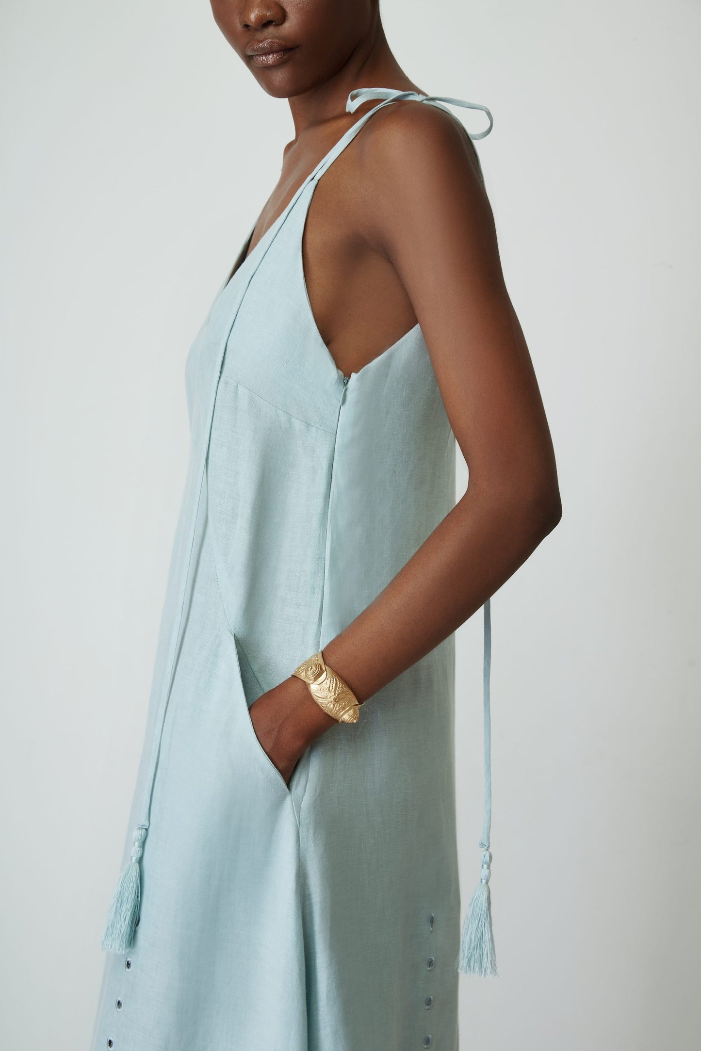 LITTLE VENICE LINEN CUT EMBROIDERED LONG DRESS